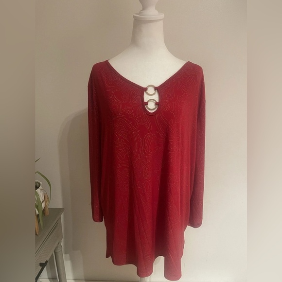 Amana Red and Gold Rhinestone Paisley Pattern Tunic Flowy Elegant Blouse Size 2X - Picture 1 of 7